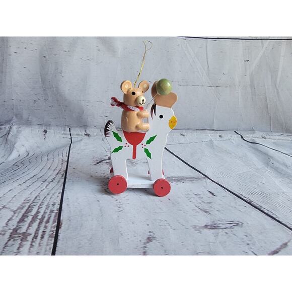 Vtg Wood Christmas Ornament Bear Balloon on Reindeer Toy 4" Decoration - Picture 1 of 4
